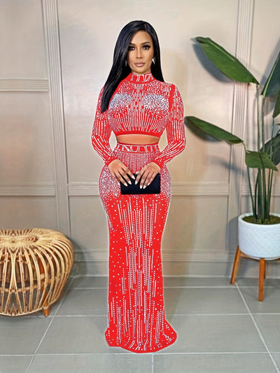 Two-Piece Glamour Set - Rhinestone Embellished Bodycon Crop Top & High Waist Floor Length Skirt - Women's Party Clothing for Special Occasions