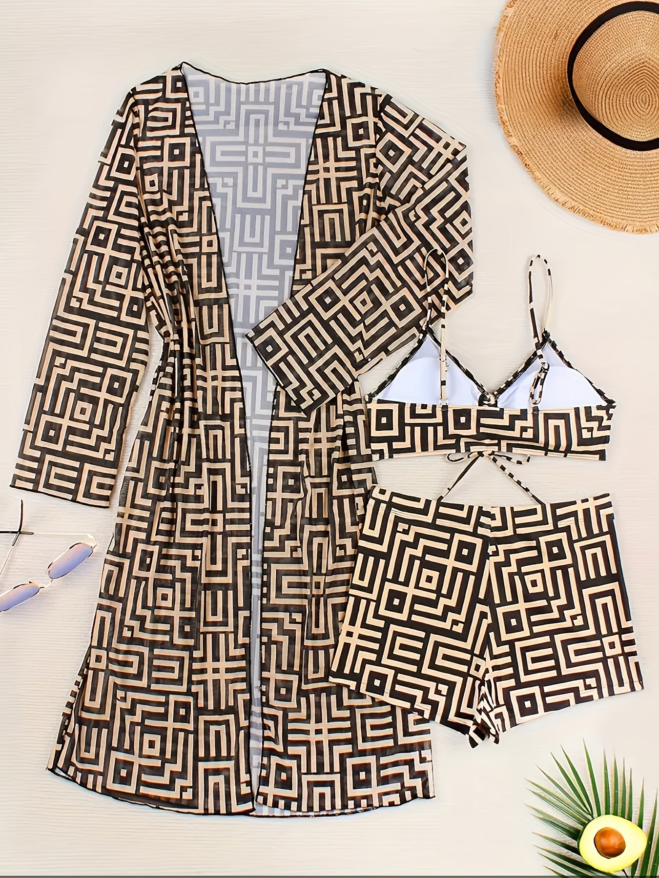 Womens Geo Print Swimsuit 3pcs Set, 3pcs Bikini Set Swimsuit
