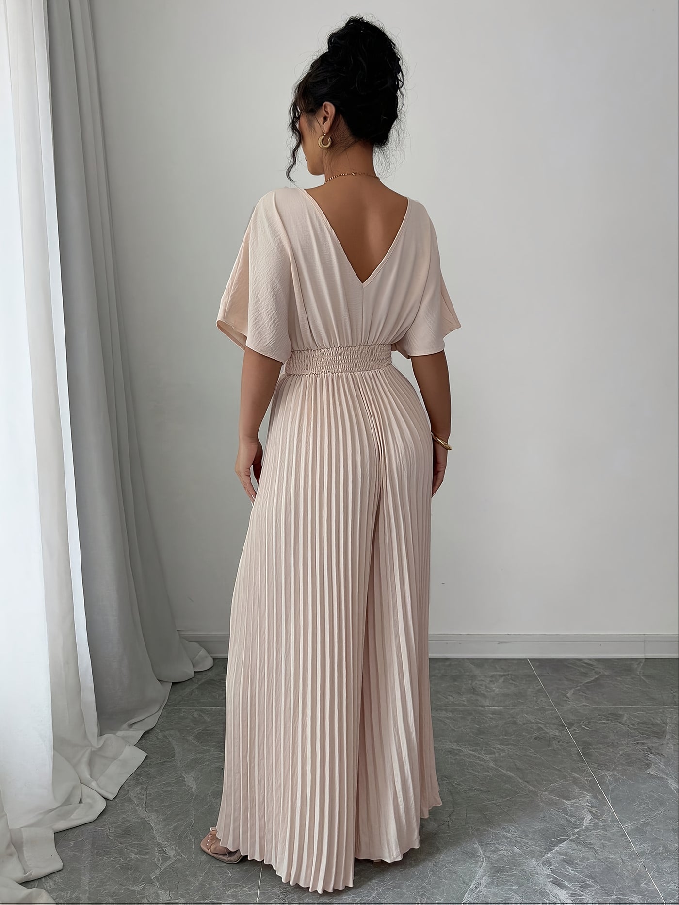 Women's Solid Deep V-Neck Bat Wing Pleat Elegant Jumpsuit