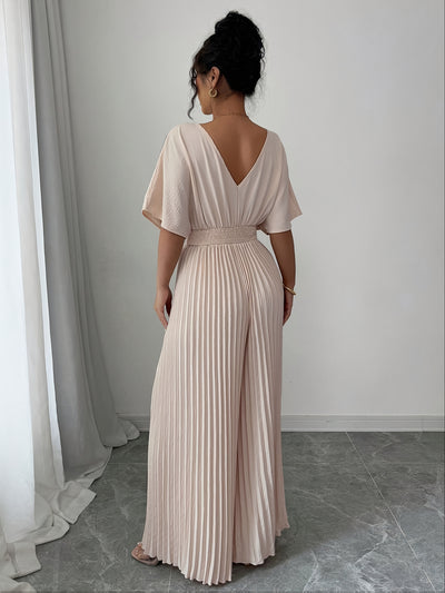 Women's Solid Deep V-Neck Bat Wing Pleat Elegant Jumpsuit