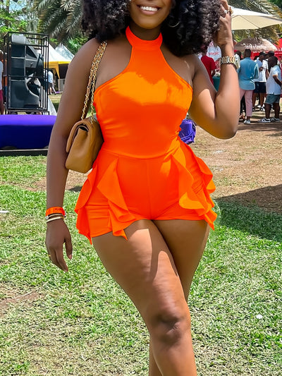 Women's Sexy Halter-Neck Romper with Flirty Ruffle Hem - Sleeveless Vibrant Yellow Stretchy Machine-Washable Jumpsuit for Spring/Summer Outings, Beach Parties & Casual Wear, Beach Dresses