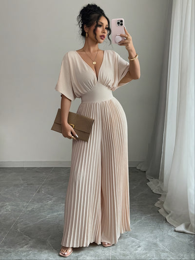 Women's Solid Deep V-Neck Bat Wing Pleat Elegant Jumpsuit