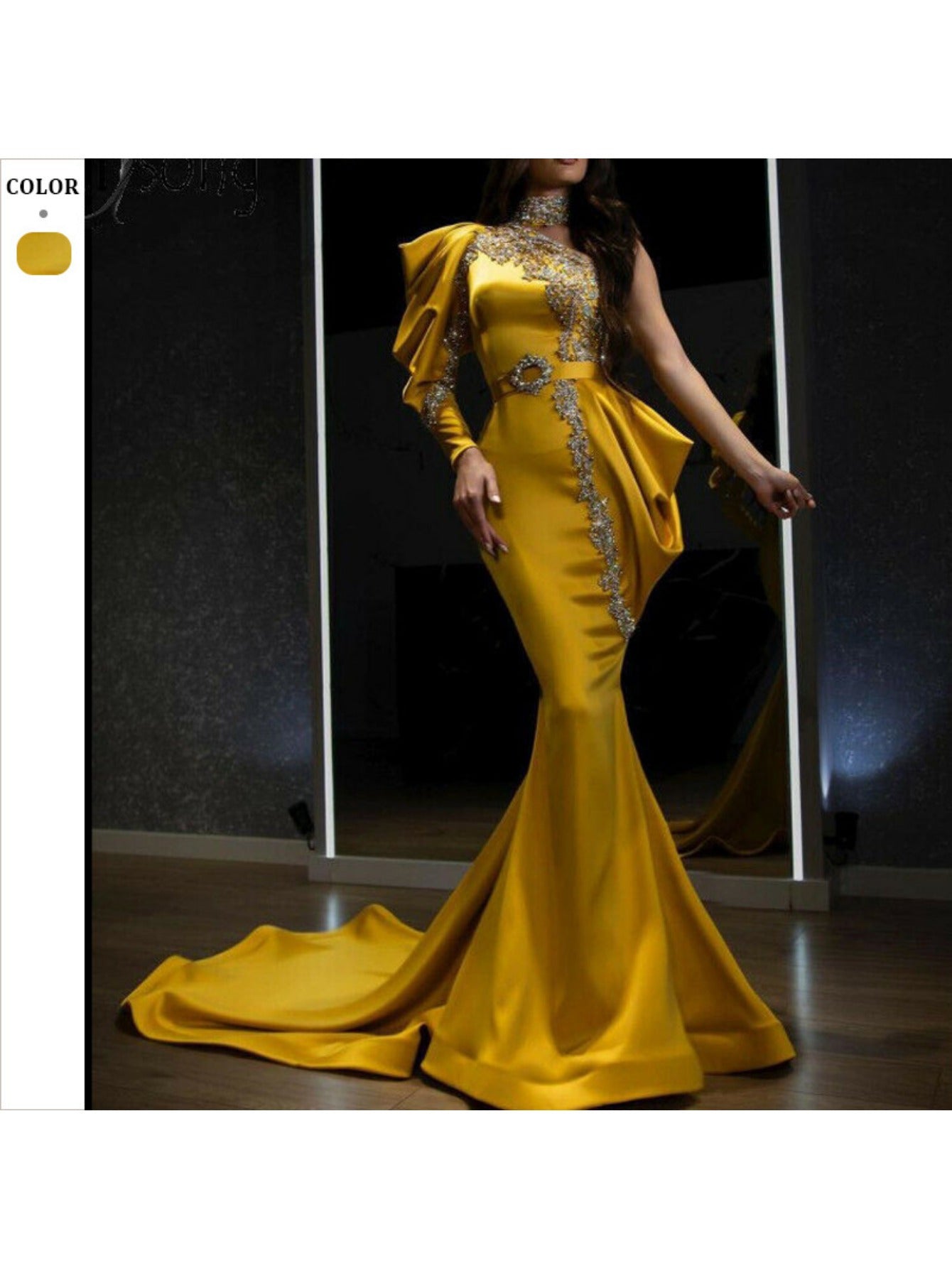 Women's Elegant Off-Shoulder Evening Gown - Vibrant Yellow Golden Sequin Embellished Mermaid Party Dress for Galas, Sophisticated Craftsmanship