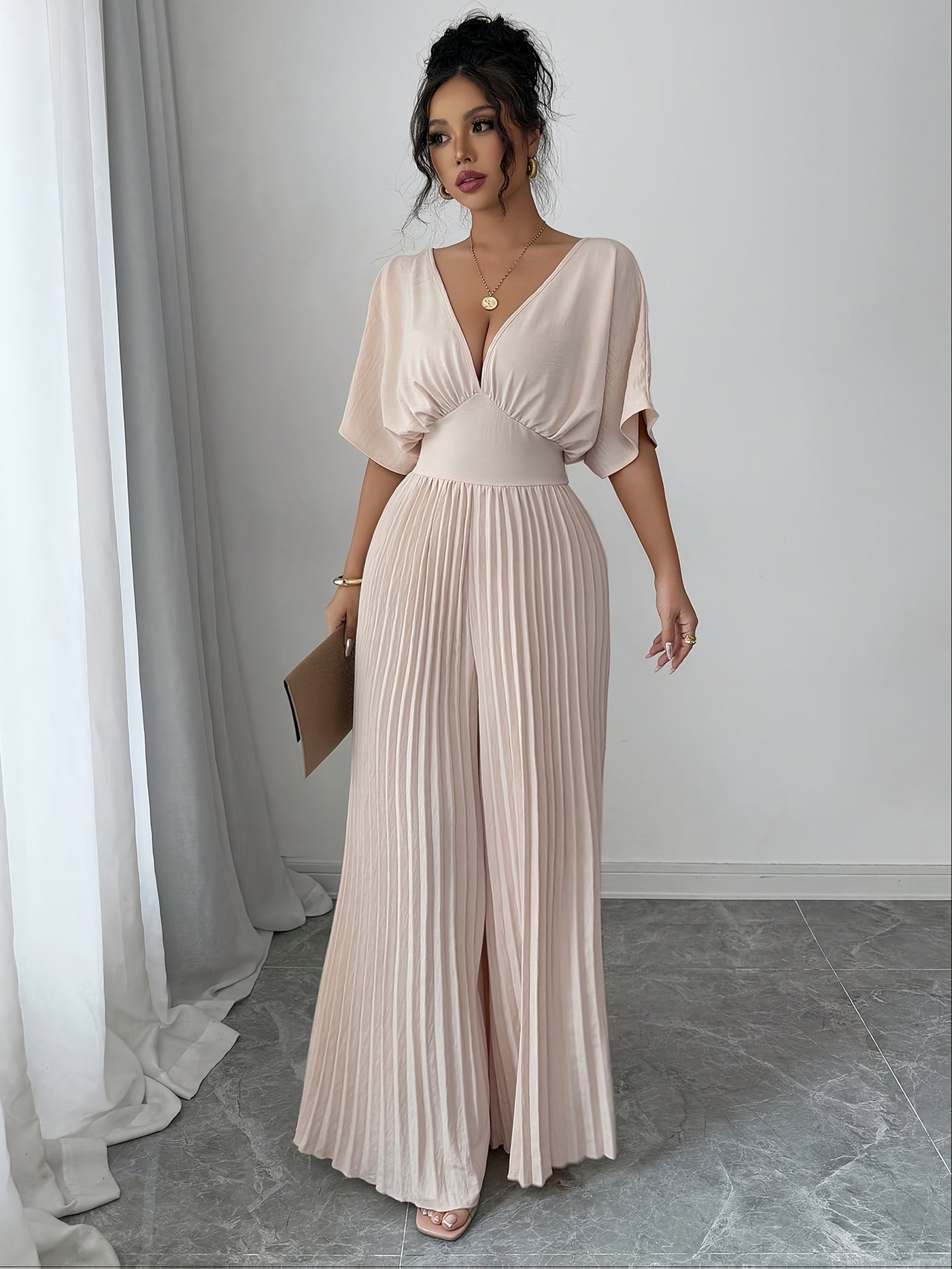 Women's Solid Deep V-Neck Bat Wing Pleat Elegant Jumpsuit