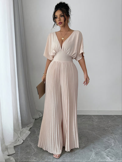 Women's Solid Deep V-Neck Bat Wing Pleat Elegant Jumpsuit