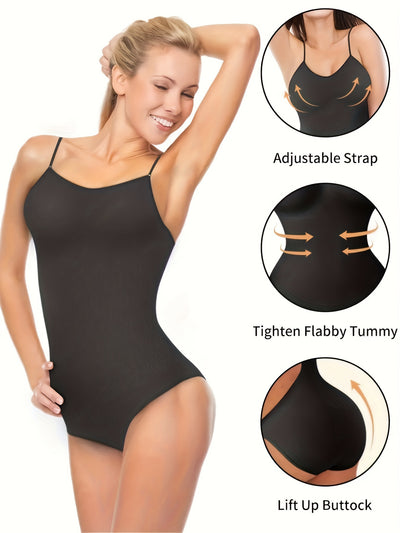 1pc Women'S Seamless One-Piece Body Shaper - Solid Color Nylon Knit Leotard with Backless Detail, Shoulder/Spaghetti Strap, Hip-Lifting Button Pants - Versatile Underwear and Shapewear for All Seasons