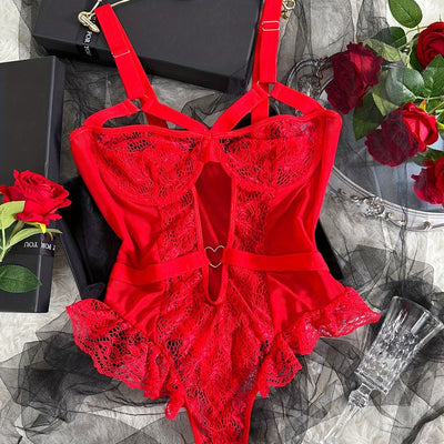 Hot Contrast Lace Teddy, Lettuce Trim Heart Decor Cut Out Strappy Thong Bodysuit, Women's Sexy Lingerie & Underwear