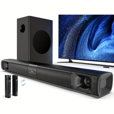 100W Soundbar with Detachable Subwoofer - 2-in-1 Tower Speaker, Wireless 5.0, 10-Level Adjustable Bass, HDTV-ARC/Optical/AUX, Horn Tweeter & Silk Dome Speakers for Smart TVs, Home Theater, Gaming, Sound Bar for Smart Tv, Gaming Audio, Modern Audio