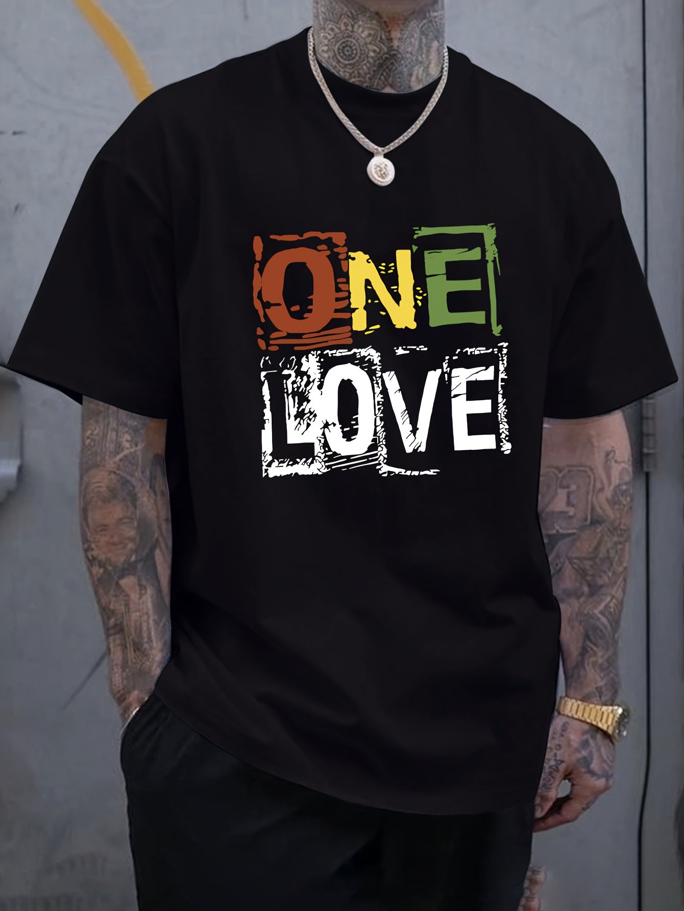 Men's short-sleeved T-shirt, love letter print, comfortable and casual, elastic neckline, suitable for men outdoor wear
