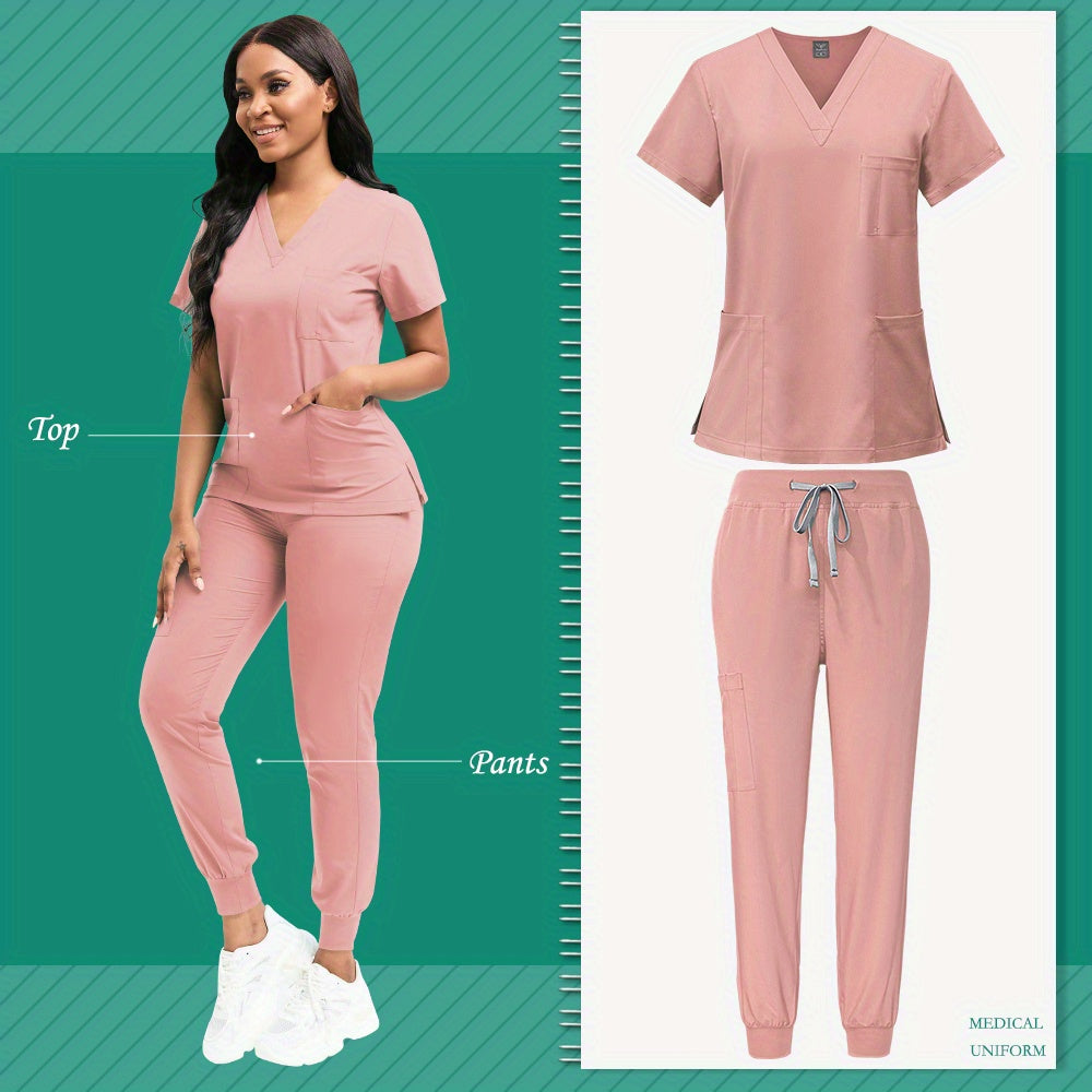 Women's Professional Scrub Set for Beauty, SPA, Veterinary & Dental Clinics - High-Quality Polyester with Pockets