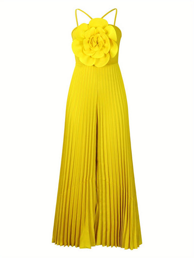 Women'S European And American Summer Hanging Neck Three-Dimensional Flower Solid Color Wide Leg Plus Size Foreign Trade Jumpsuit