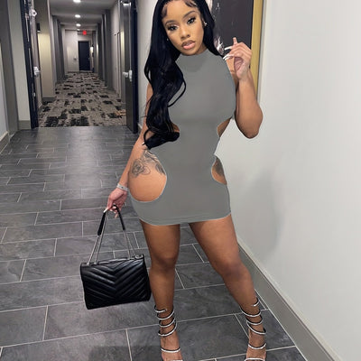 Cut Out Mock Neck Tank Dress, Sexy Bodycon Sleeveless Dress For Spring & Summer, Women's Clothing