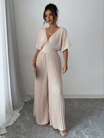 Women's Solid Deep V-Neck Bat Wing Pleat Elegant Jumpsuit