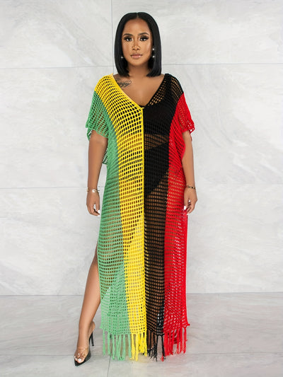 Women's Plus Size Knit Dress, Sexy Beach Cover-Up With Fringe Detail, Semi-Sheer Holiday Fashion