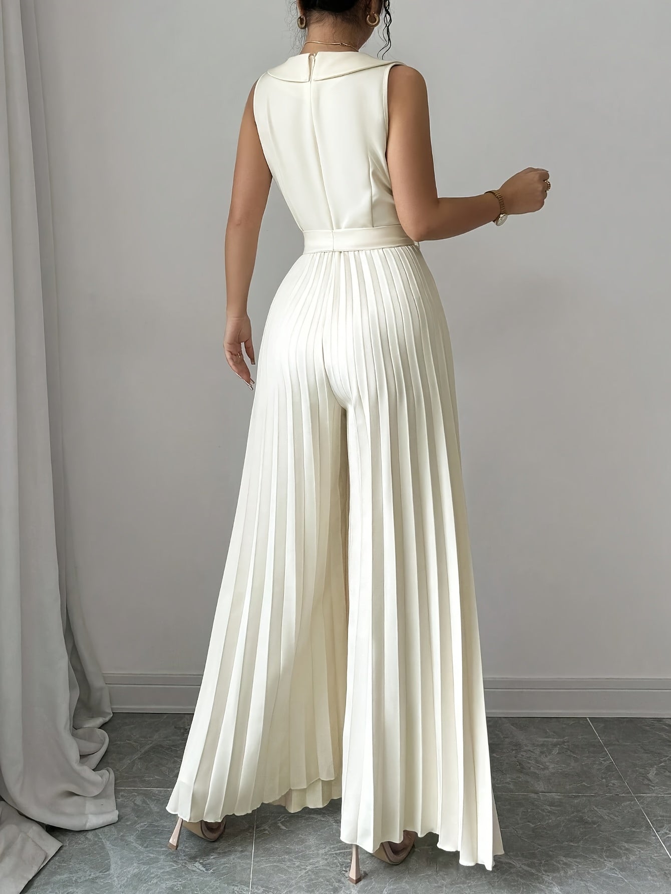 Elegant Apricot Double-Breasted Pleated Jumpsuit for Women - High-Waisted, Sleeveless, Polyester Blend, Perfect for Spring & Fall, Adult Size, Elegant Attire|Sleek Fitted Jumpsuit|Polyester Blend Jumpsui