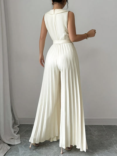 Elegant Apricot Double-Breasted Pleated Jumpsuit for Women - High-Waisted, Sleeveless, Polyester Blend, Perfect for Spring & Fall, Adult Size, Elegant Attire|Sleek Fitted Jumpsuit|Polyester Blend Jumpsui
