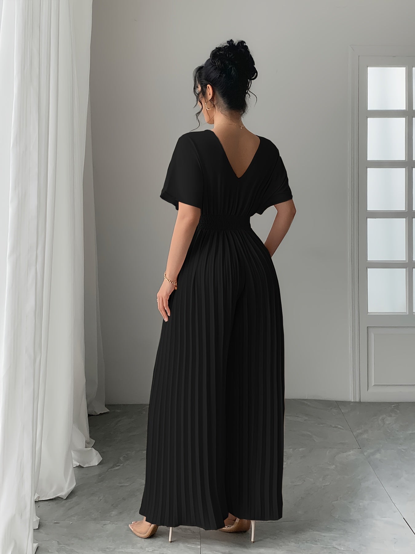 Women's Solid Deep V-Neck Bat Wing Pleat Elegant Jumpsuit