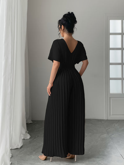 Women's Solid Deep V-Neck Bat Wing Pleat Elegant Jumpsuit