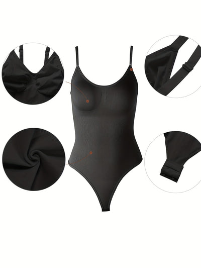 Plus Size Women's Adjustable Strap Bodysuit, One-piece Thong Bodysuit, Seamless Solid Color Bodysuit, Women's Underwear And Shapewear