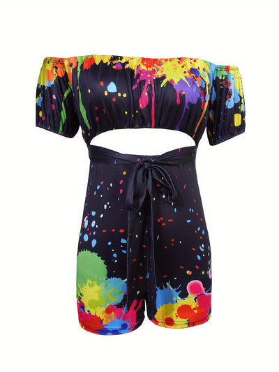 Off Shoulder Romper, Vacation Style Short Sleeve Lace Up Romper Jumpsuit For Spring & Summer, Women's Clothing