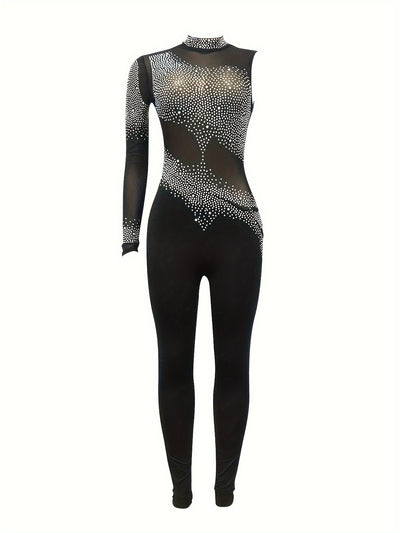 Rhinestone Decor Mesh Splicing Jumpsuit, Elegant Asymmetrical Sleeve Skinny Jumpsuit For Party & Club, Women's Clothing