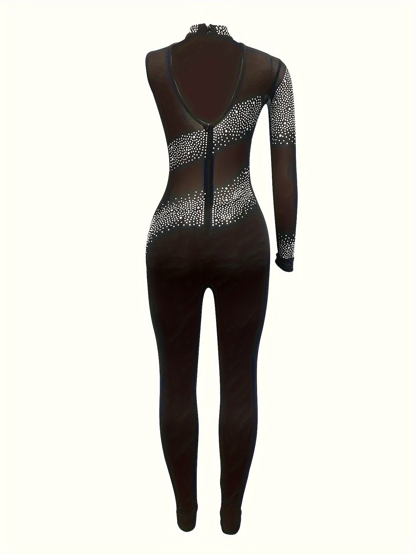 Rhinestone Decor Mesh Splicing Jumpsuit, Elegant Asymmetrical Sleeve Skinny Jumpsuit For Party & Club, Women's Clothing