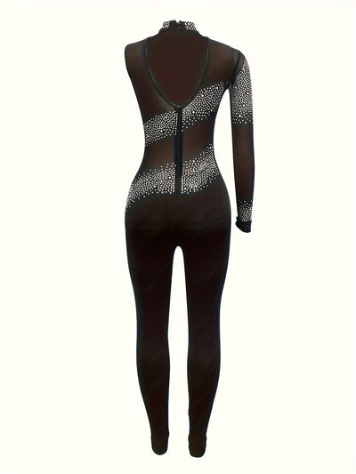 Rhinestone Decor Mesh Splicing Jumpsuit, Elegant Asymmetrical Sleeve Skinny Jumpsuit For Party & Club, Women's Clothing