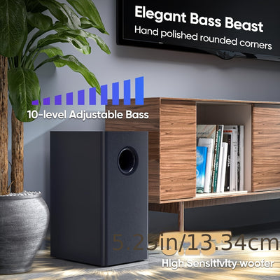 100W Soundbar with Detachable Subwoofer - 2-in-1 Tower Speaker, Wireless 5.0, 10-Level Adjustable Bass, HDTV-ARC/Optical/AUX, Horn Tweeter & Silk Dome Speakers for Smart TVs, Home Theater, Gaming, Sound Bar for Smart Tv, Gaming Audio, Modern Audio