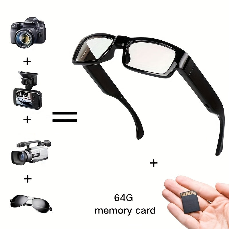 Video Glasses, Portable Camera Glasses, 1080P Sports Camera, Outdoor Cyclingmini Camera Glasses, with 64GB Storage Card