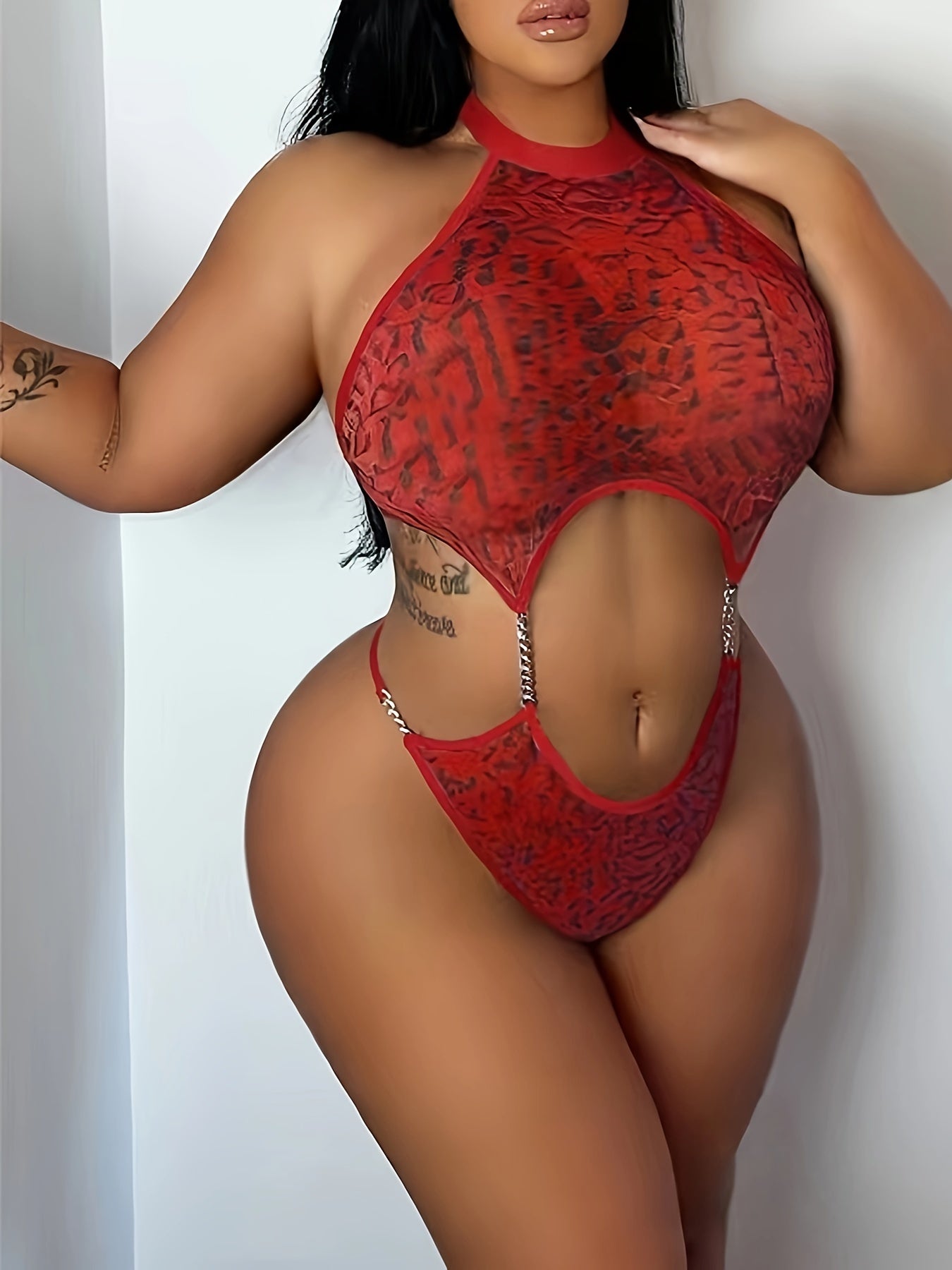 Hot Leopard Print Chain Linked Teddy, Halter Backless Thong Bodysuit, Women's Sexy Lingerie & Underwear