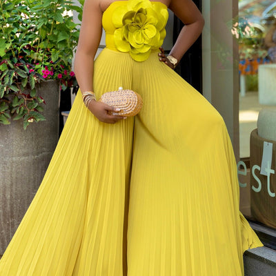 Women'S European And American Summer Hanging Neck Three-Dimensional Flower Solid Color Wide Leg Plus Size Foreign Trade Jumpsuit