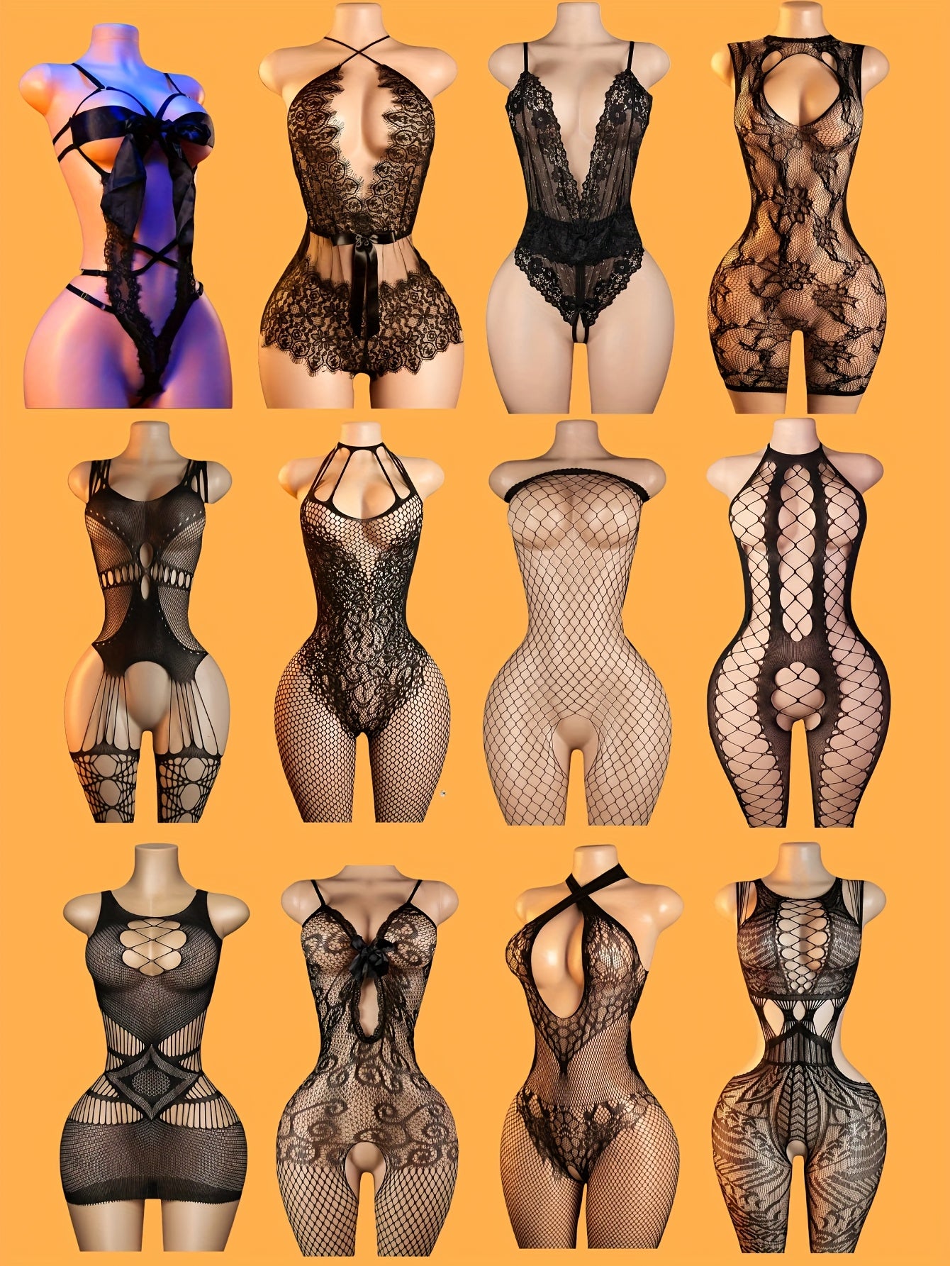 Random shipment, 12 black mesh underwear randomly unlocked one piece, randomly unlocked one lace full body jumpsuit, - sexy tight semi transparent black underwear, tempting clothing | vest jumpsuit | unforgettable night