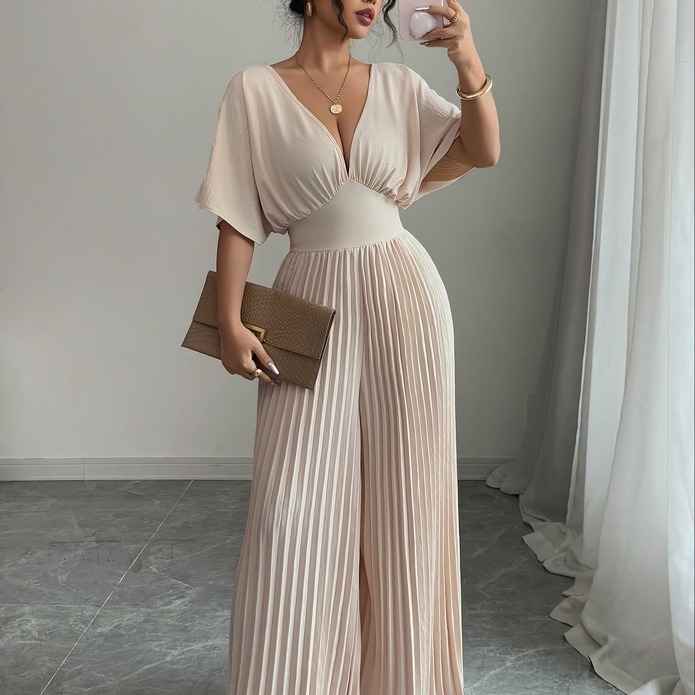 Women's Solid Deep V-Neck Bat Wing Pleat Elegant Jumpsuit