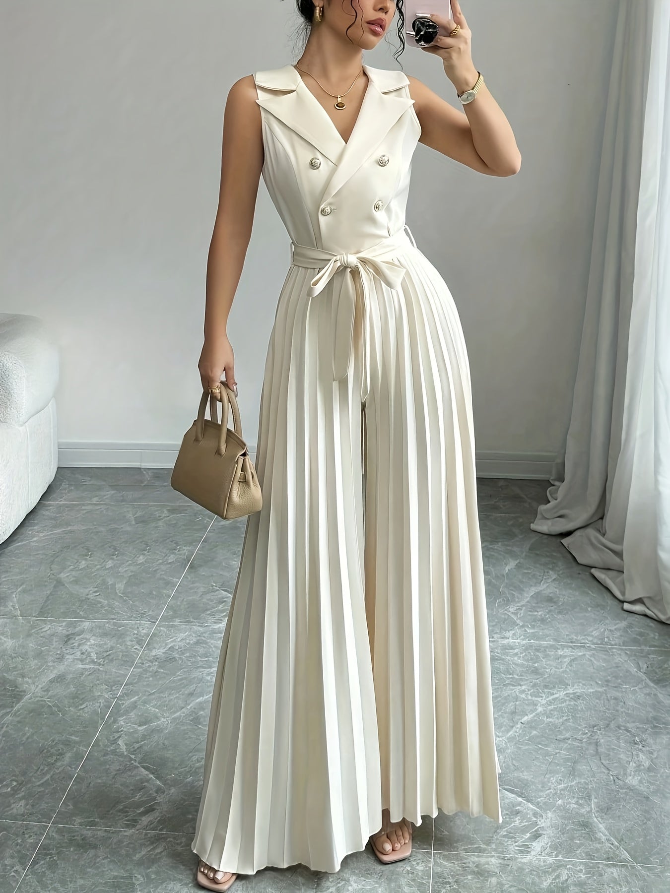 Elegant Apricot Double-Breasted Pleated Jumpsuit for Women - High-Waisted, Sleeveless, Polyester Blend, Perfect for Spring & Fall, Adult Size, Elegant Attire|Sleek Fitted Jumpsuit|Polyester Blend Jumpsui