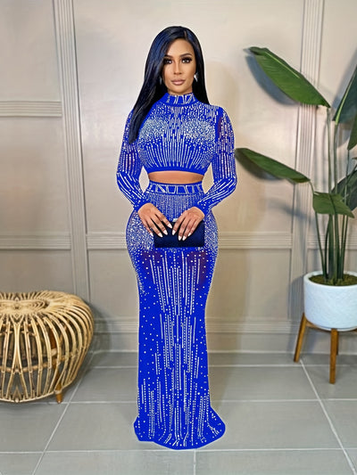 Two-Piece Glamour Set - Rhinestone Embellished Bodycon Crop Top & High Waist Floor Length Skirt - Women's Party Clothing for Special Occasions