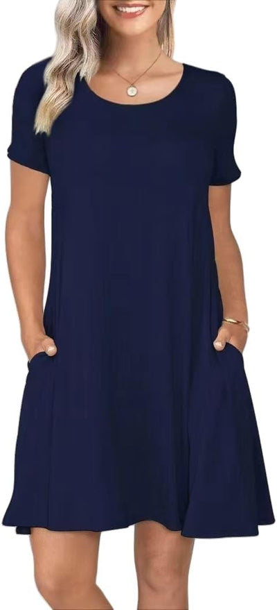 Women's Summer Casual Short Sleeve Crew Neck T Shirt Dresses Loose Swing with Pockets