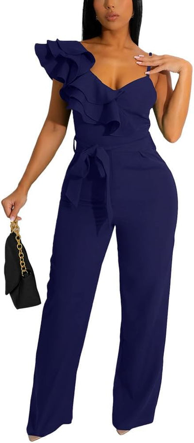 Womens Casual One Piece Jumpsuits V-Neck Sleeveless Ruffle Elegant Romper Wide Leg Pant Sexy Party Clubwear Overalls