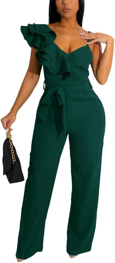 Womens Casual One Piece Jumpsuits V-Neck Sleeveless Ruffle Elegant Romper Wide Leg Pant Sexy Party Clubwear Overalls