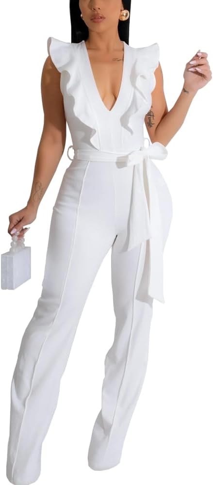 Womens Casual One Piece Jumpsuits V-Neck Sleeveless Ruffle Elegant Romper Wide Leg Pant Sexy Party Clubwear Overalls