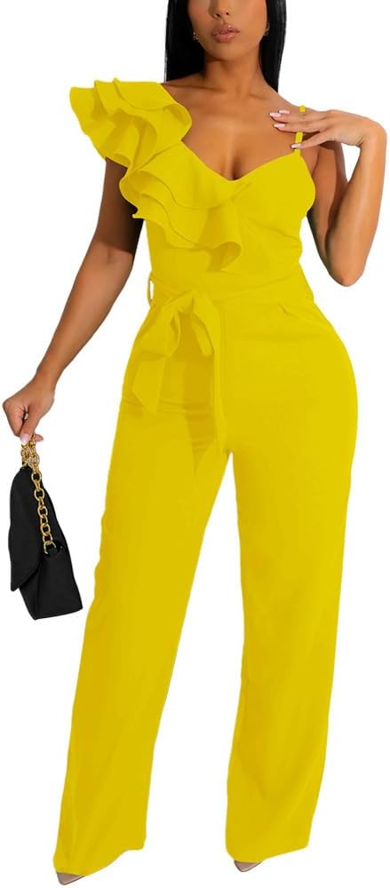 Womens Casual One Piece Jumpsuits V-Neck Sleeveless Ruffle Elegant Romper Wide Leg Pant Sexy Party Clubwear Overalls