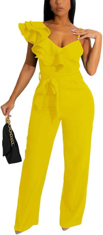 Womens Casual One Piece Jumpsuits V-Neck Sleeveless Ruffle Elegant Romper Wide Leg Pant Sexy Party Clubwear Overalls