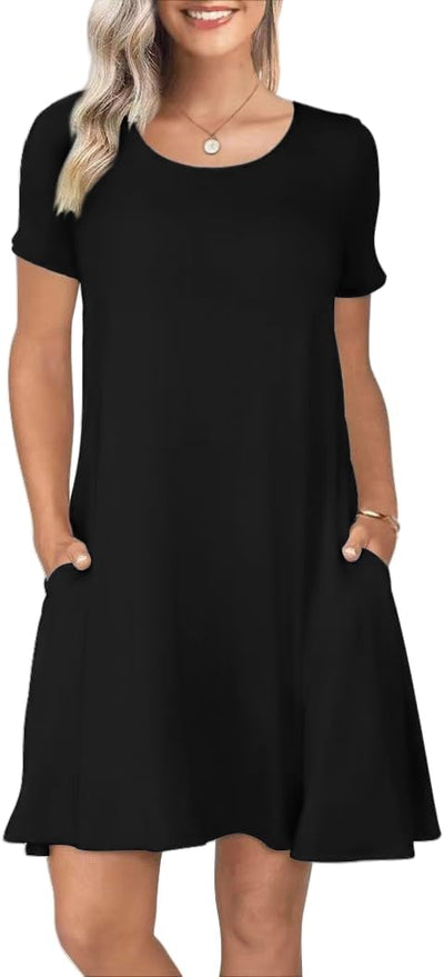 Women's Summer Casual Short Sleeve Crew Neck T Shirt Dresses Loose Swing with Pockets