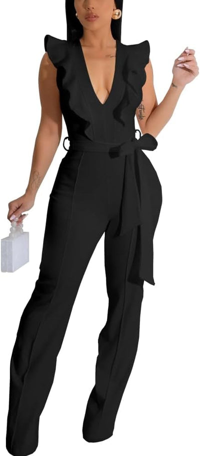 Womens Casual One Piece Jumpsuits V-Neck Sleeveless Ruffle Elegant Romper Wide Leg Pant Sexy Party Clubwear Overalls