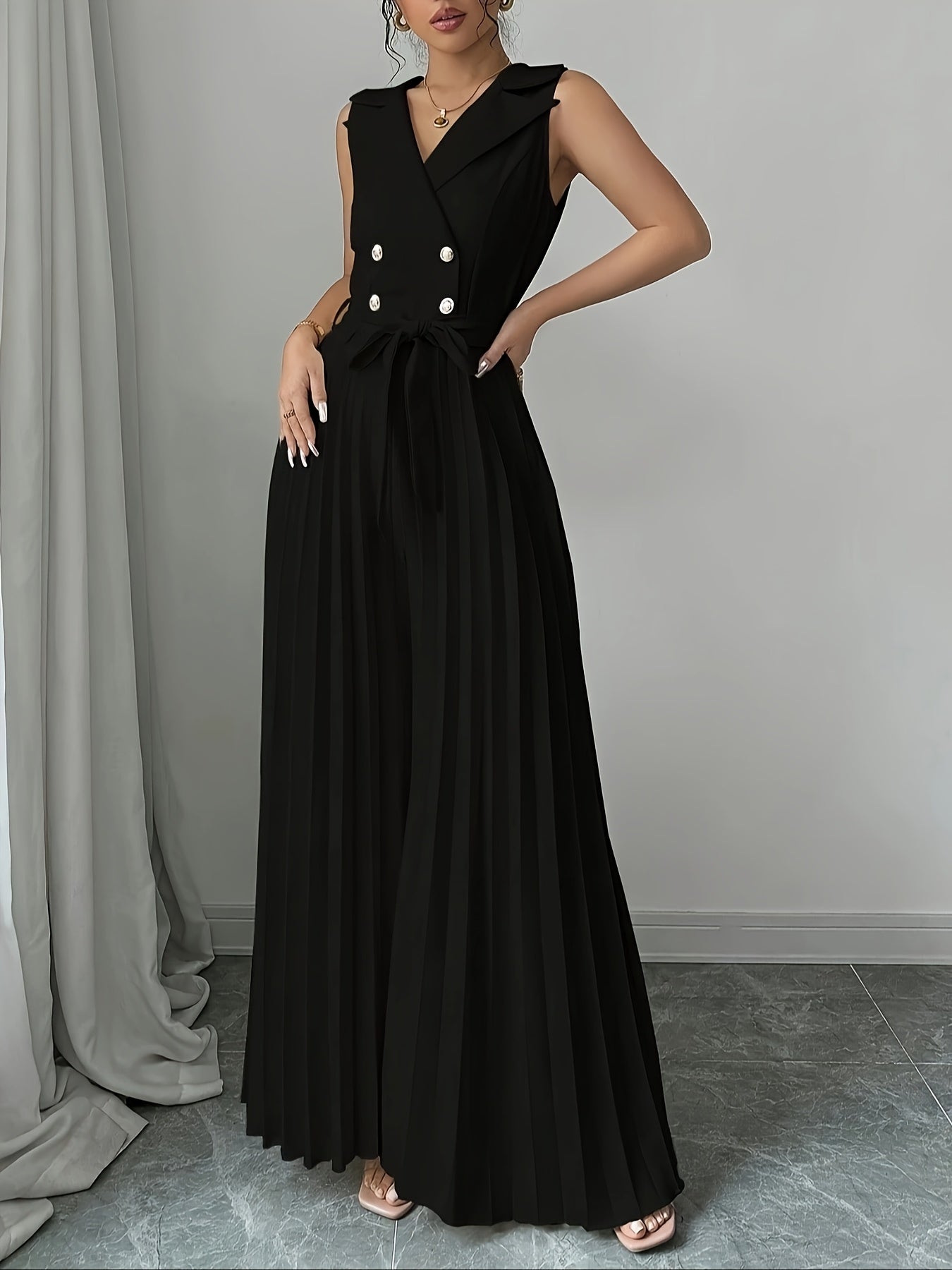 Elegant Apricot Double-Breasted Pleated Jumpsuit for Women - High-Waisted, Sleeveless, Polyester Blend, Perfect for Spring & Fall, Adult Size, Elegant Attire|Sleek Fitted Jumpsuit|Polyester Blend Jumpsui