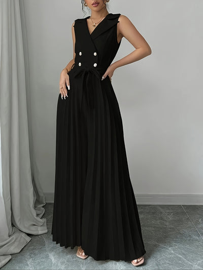 Elegant Apricot Double-Breasted Pleated Jumpsuit for Women - High-Waisted, Sleeveless, Polyester Blend, Perfect for Spring & Fall, Adult Size, Elegant Attire|Sleek Fitted Jumpsuit|Polyester Blend Jumpsui
