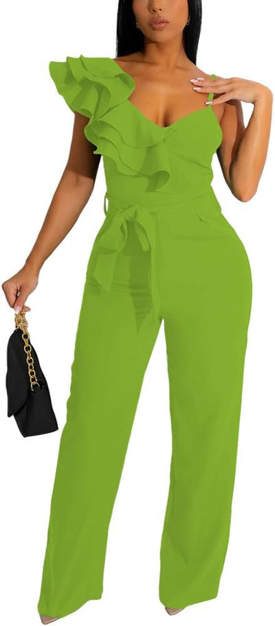 Womens Casual One Piece Jumpsuits V-Neck Sleeveless Ruffle Elegant Romper Wide Leg Pant Sexy Party Clubwear Overalls