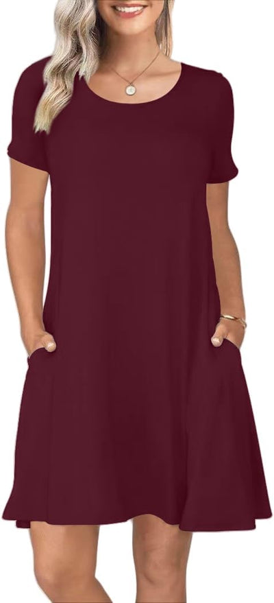 Women's Summer Casual Short Sleeve Crew Neck T Shirt Dresses Loose Swing with Pockets