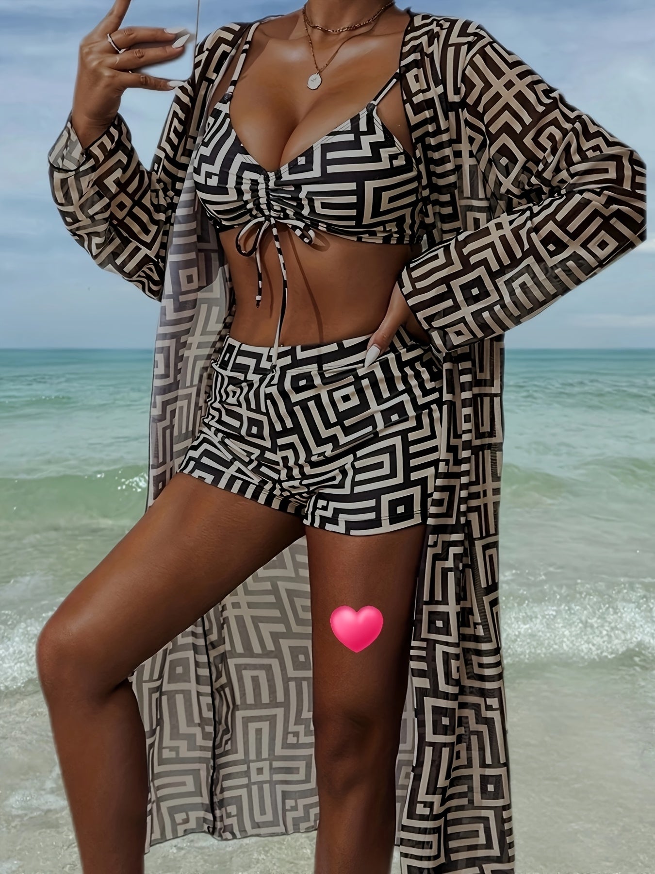 Womens Geo Print Swimsuit 3pcs Set, 3pcs Bikini Set Swimsuit