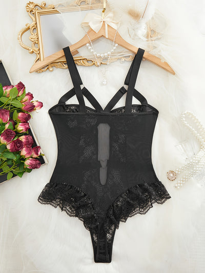 Hot Contrast Lace Teddy, Lettuce Trim Heart Decor Cut Out Strappy Thong Bodysuit, Women's Sexy Lingerie & Underwear