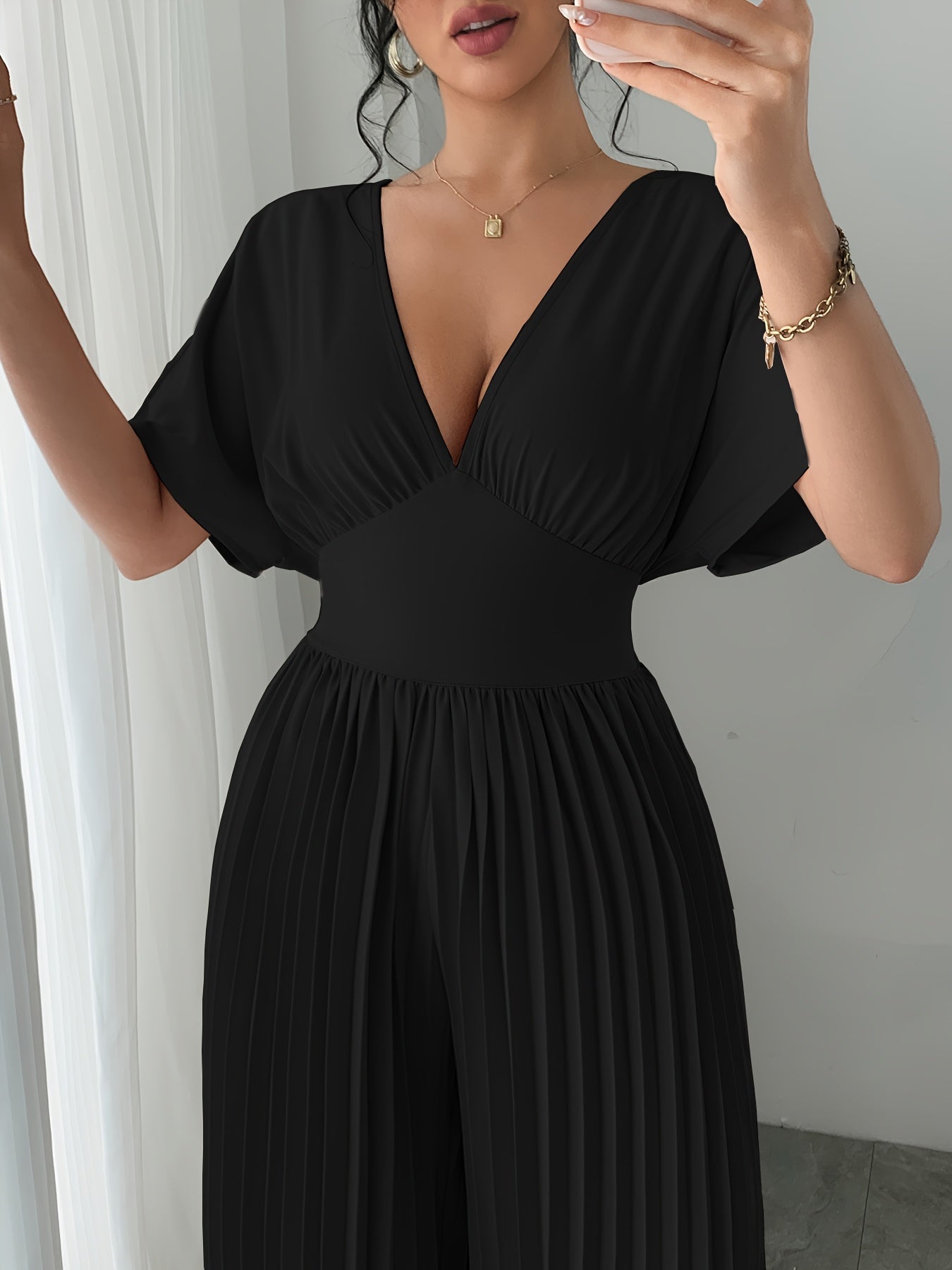 Women's Solid Deep V-Neck Bat Wing Pleat Elegant Jumpsuit